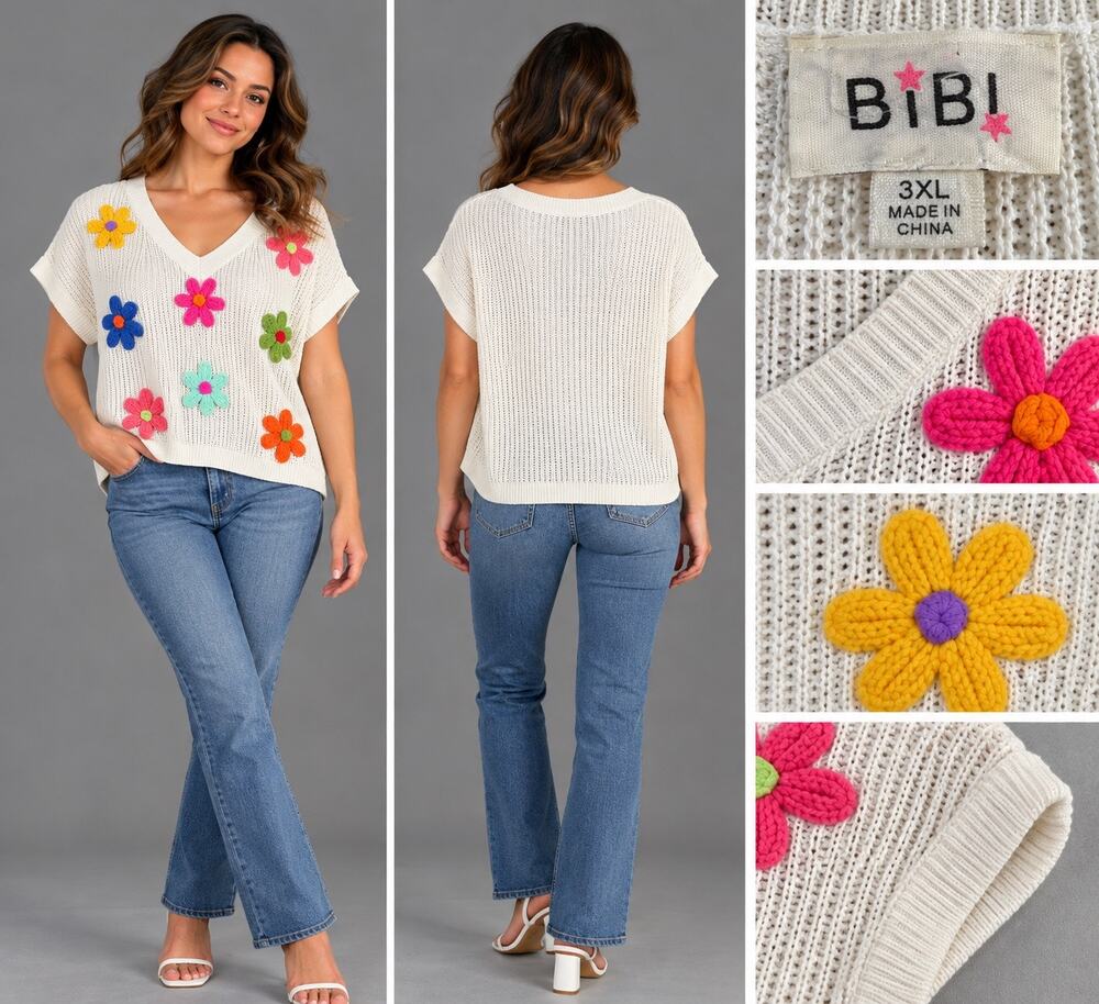 BiBi Womens 3XL Ivory Crochet Flower Sweater Top 3D Daisy Boho Retro Plus Size